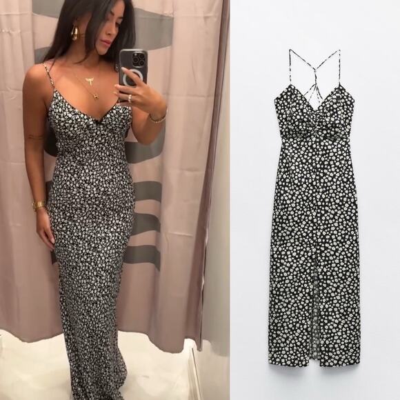 ZARA LINEN BLEND FLORAL PRINT MIDI DRESS - Picture 1 of 9